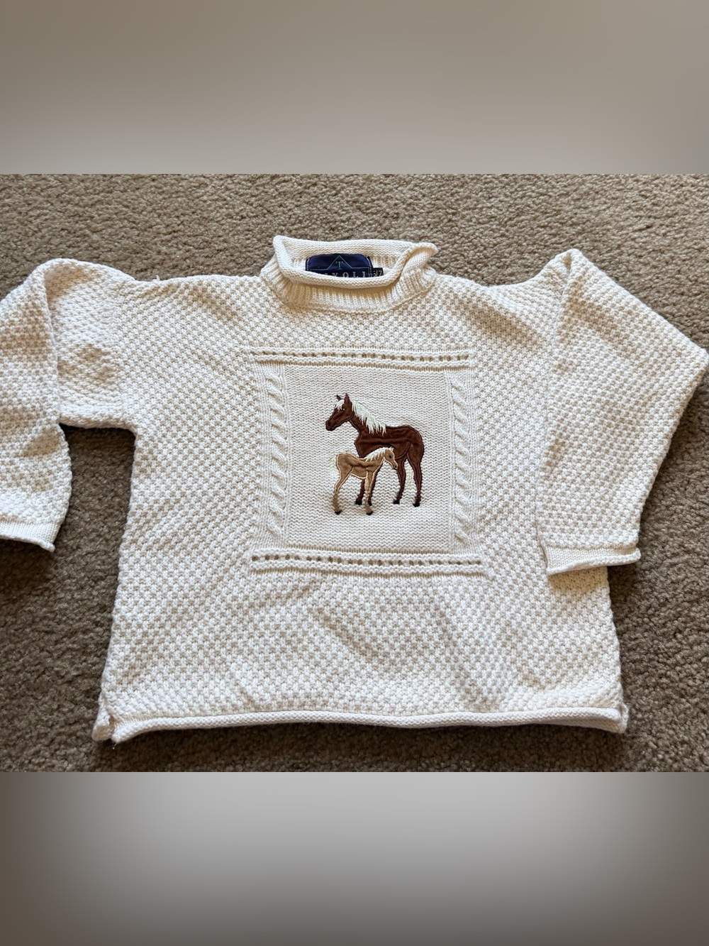 VTG Tivoli Aran Cream Sweater with Embroidered Horses equestrian preppy kids 6/7